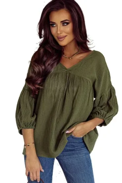 Fashion Dear-Lover Textured V Neck Bracelet Sleeve Babydoll Blouse Green