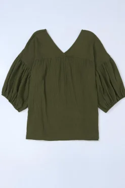Fashion Dear-Lover Textured V Neck Bracelet Sleeve Babydoll Blouse Green