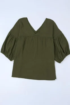 Fashion Dear-Lover Textured V Neck Bracelet Sleeve Babydoll Blouse Green