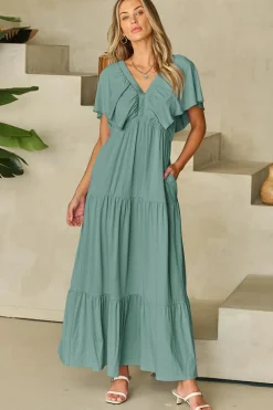 Discount Dear-Lover Green Textured V Neck Flutter Sleeve Ruffled Maxi Dress Blackish Green