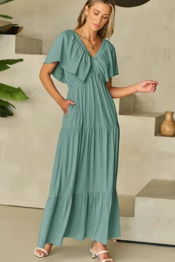 Discount Dear-Lover Green Textured V Neck Flutter Sleeve Ruffled Maxi Dress Blackish Green