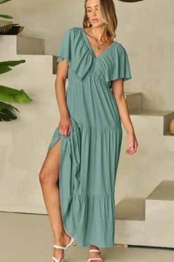 Discount Dear-Lover Green Textured V Neck Flutter Sleeve Ruffled Maxi Dress Blackish Green