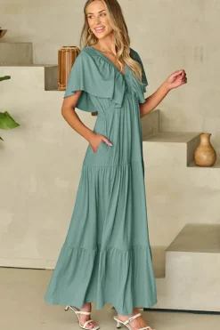 Discount Dear-Lover Green Textured V Neck Flutter Sleeve Ruffled Maxi Dress Blackish Green