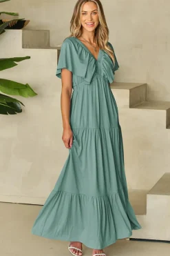 Discount Dear-Lover Green Textured V Neck Flutter Sleeve Ruffled Maxi Dress Blackish Green