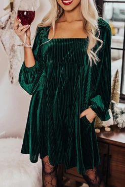 Sale Dear-Lover Tie Back Square Neck Velvet Babydoll Dress Green