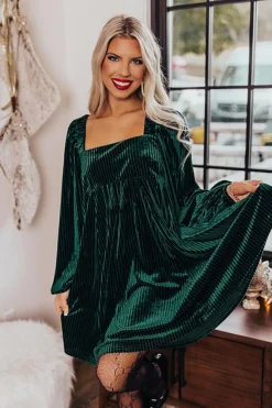Sale Dear-Lover Tie Back Square Neck Velvet Babydoll Dress Green