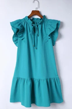 Outlet Dear-Lover Tiered Ruffled Sleeves Mini Dress with Pockets Green