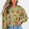 Outlet Dear-Lover Tiger Floral Printed Collared V Neck Casual Shirt Green
