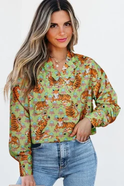 Outlet Dear-Lover Tiger Floral Printed Collared V Neck Casual Shirt Green