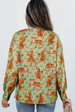 Outlet Dear-Lover Tiger Floral Printed Collared V Neck Casual Shirt Green