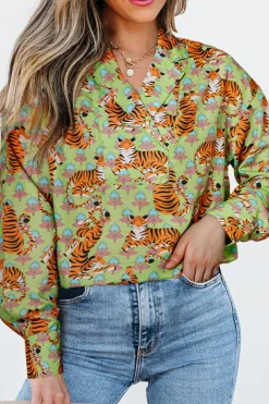 Outlet Dear-Lover Tiger Floral Printed Collared V Neck Casual Shirt Green