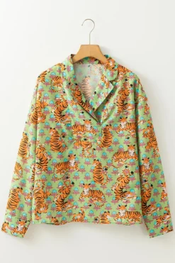 Outlet Dear-Lover Tiger Floral Printed Collared V Neck Casual Shirt Green