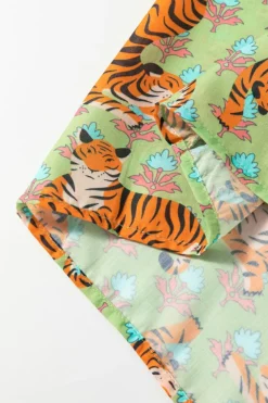 Outlet Dear-Lover Tiger Floral Printed Collared V Neck Casual Shirt Green