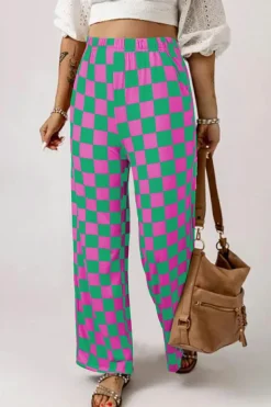 Best Dear-Lover 2-Tone Checked Print High Waist Wide Leg Pants Green