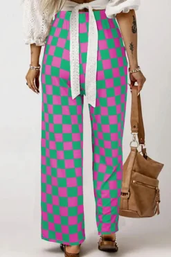 Best Dear-Lover 2-Tone Checked Print High Waist Wide Leg Pants Green