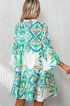 New Dear-Lover Tribal Bracelet Sleeve Buttoned Mini Dress Green