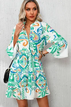 New Dear-Lover Tribal Bracelet Sleeve Buttoned Mini Dress Green
