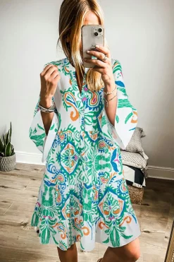 New Dear-Lover Tribal Bracelet Sleeve Buttoned Mini Dress Green