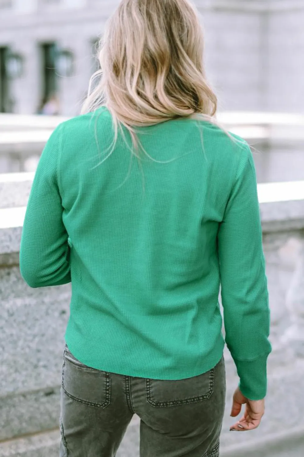 Outlet Dear-Lover Trimmed Neckline Waffle Knit Henley Top Green