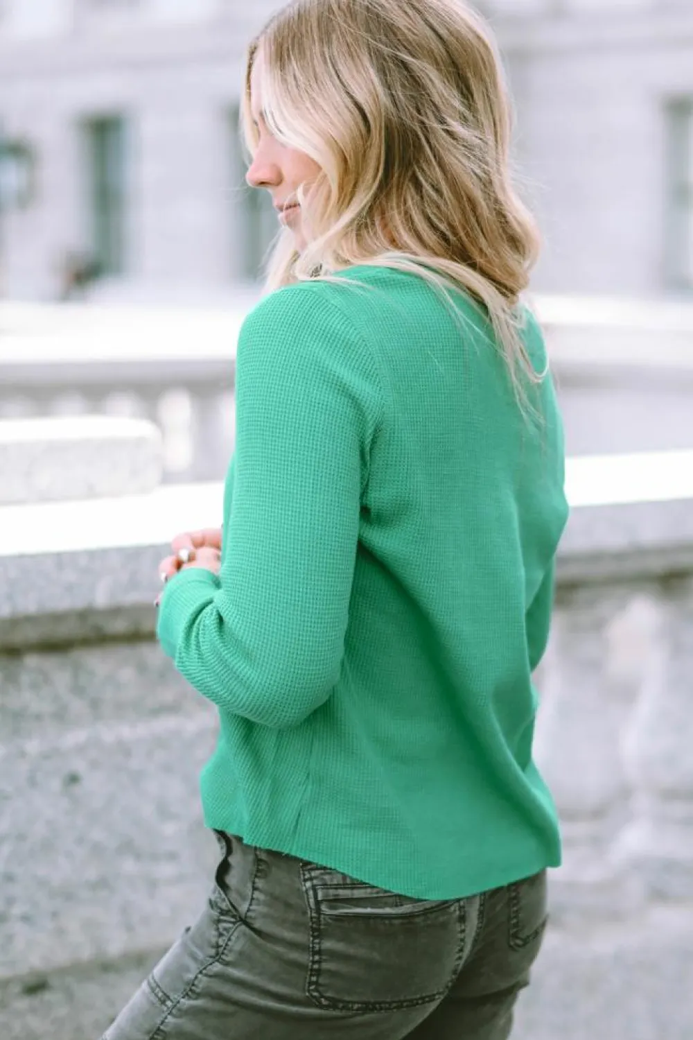 Outlet Dear-Lover Trimmed Neckline Waffle Knit Henley Top Green