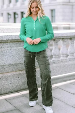 Outlet Dear-Lover Trimmed Neckline Waffle Knit Henley Top Green