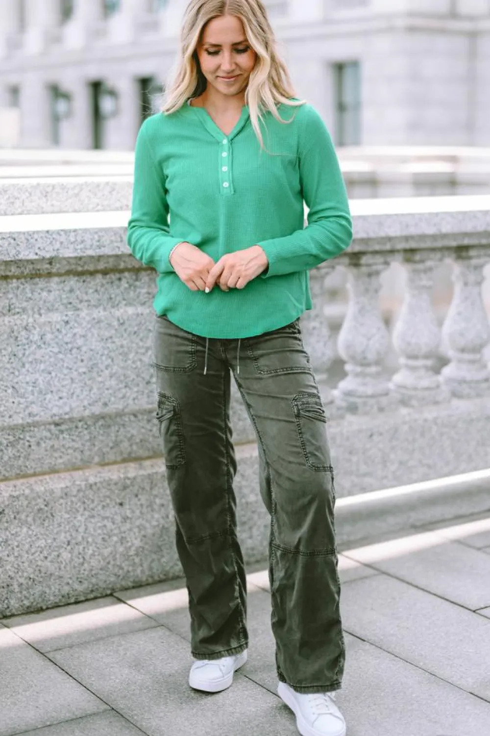 Outlet Dear-Lover Trimmed Neckline Waffle Knit Henley Top Green