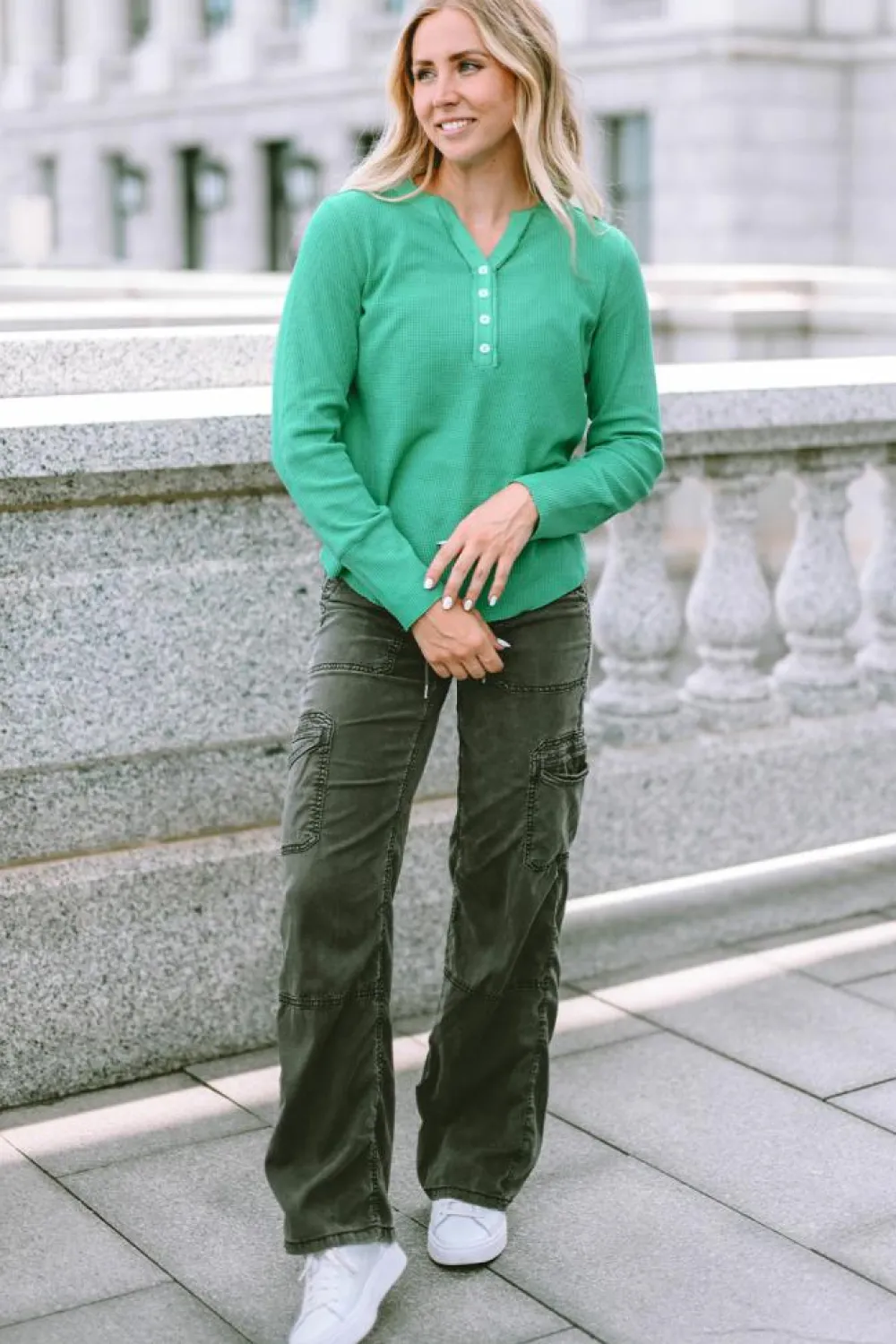 Outlet Dear-Lover Trimmed Neckline Waffle Knit Henley Top Green