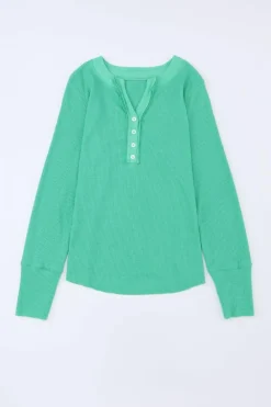 Outlet Dear-Lover Trimmed Neckline Waffle Knit Henley Top Green