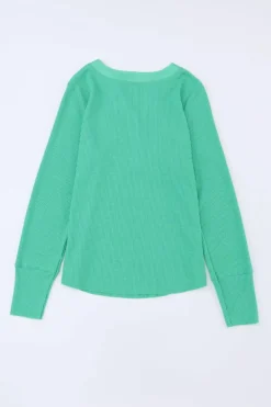 Outlet Dear-Lover Trimmed Neckline Waffle Knit Henley Top Green
