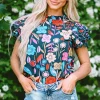 Sale Dear-Lover Trimmed Ruffle Sleeve Summer Floral Blouse Green