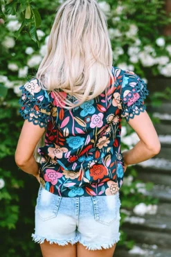 Sale Dear-Lover Trimmed Ruffle Sleeve Summer Floral Blouse Green