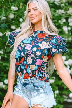 Sale Dear-Lover Trimmed Ruffle Sleeve Summer Floral Blouse Green