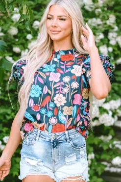 Sale Dear-Lover Trimmed Ruffle Sleeve Summer Floral Blouse Green