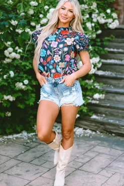 Sale Dear-Lover Trimmed Ruffle Sleeve Summer Floral Blouse Green