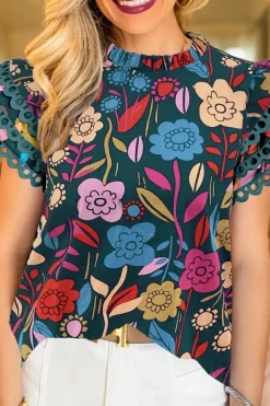 Sale Dear-Lover Trimmed Ruffle Sleeve Summer Floral Blouse Green