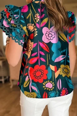 Sale Dear-Lover Trimmed Ruffle Sleeve Summer Floral Blouse Green