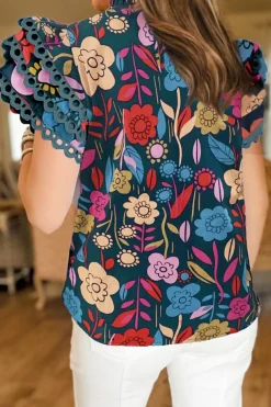 Sale Dear-Lover Trimmed Ruffle Sleeve Summer Floral Blouse Green