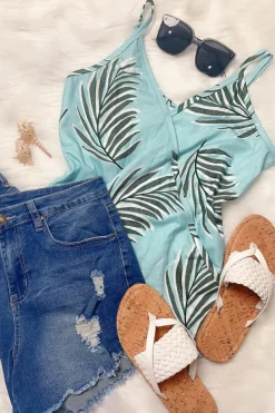 Sale Dear-Lover Tropical Plant Print Tank Top Green