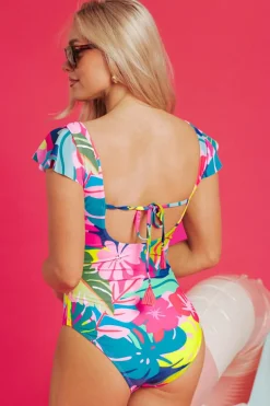 Online Dear-Lover Tropical Print V Neck Tied Backless One Piece Swimsuit Green