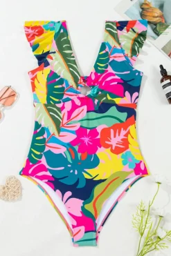 Online Dear-Lover Tropical Print V Neck Tied Backless One Piece Swimsuit Green