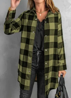Discount Dear-Lover Turn-down Collar Plaid Shirt Coat Green
