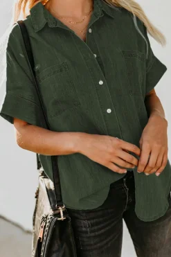Fashion Dear-Lover Turn-down Collar Short Sleeve Denim Shirt Green