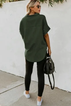 Fashion Dear-Lover Turn-down Collar Short Sleeve Denim Shirt Green