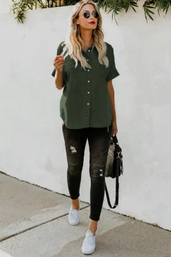 Fashion Dear-Lover Turn-down Collar Short Sleeve Denim Shirt Green