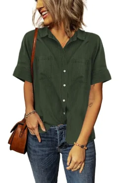 Fashion Dear-Lover Turn-down Collar Short Sleeve Denim Shirt Green