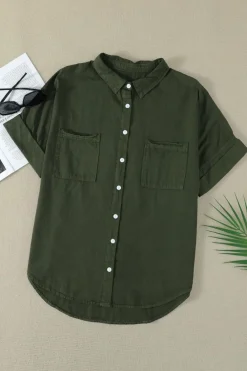 Fashion Dear-Lover Turn-down Collar Short Sleeve Denim Shirt Green