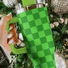 Hot Dear-Lover Two Tone Checkered Stainless Tumbler with Handle 40oz Green