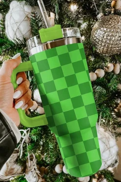 Hot Dear-Lover Two Tone Checkered Stainless Tumbler with Handle 40oz Green