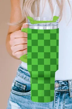 Hot Dear-Lover Two Tone Checkered Stainless Tumbler with Handle 40oz Green