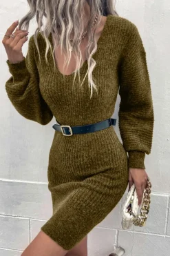 Best Dear-Lover V Neck Bodycon Sweater Dress Green